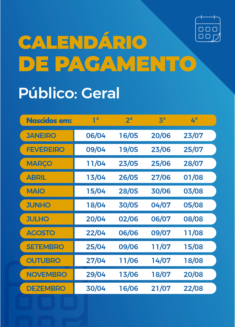 Calendário de pagamento das parcelas do auxílio emergencial. - Arte/Agência Brasil